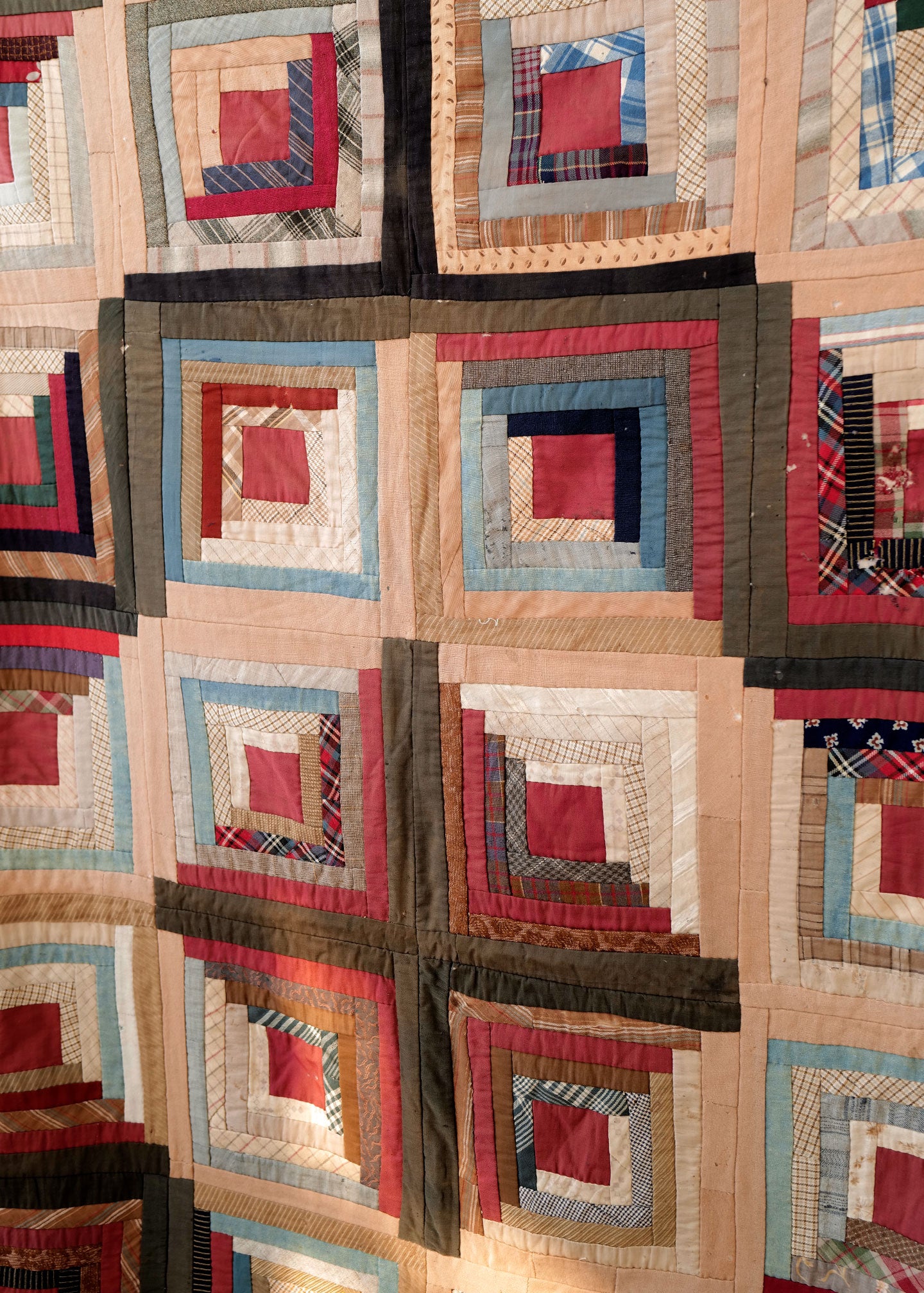 Vintage Handmade Quilt shops Top Log Cabin Quilt Top Blues Browns Reds Cotton Scrap Quilt Vintage Fabric Boho Quilt